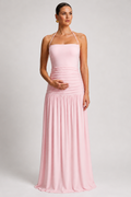 Maternity Maxi Dress – Halter Sleeveless Pregnancy Dress with Pleated Long Skirt