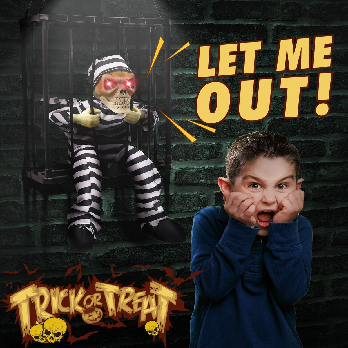 Halloween's Motion Sensor Animated Skull Prisoner with Red LED Eyes
