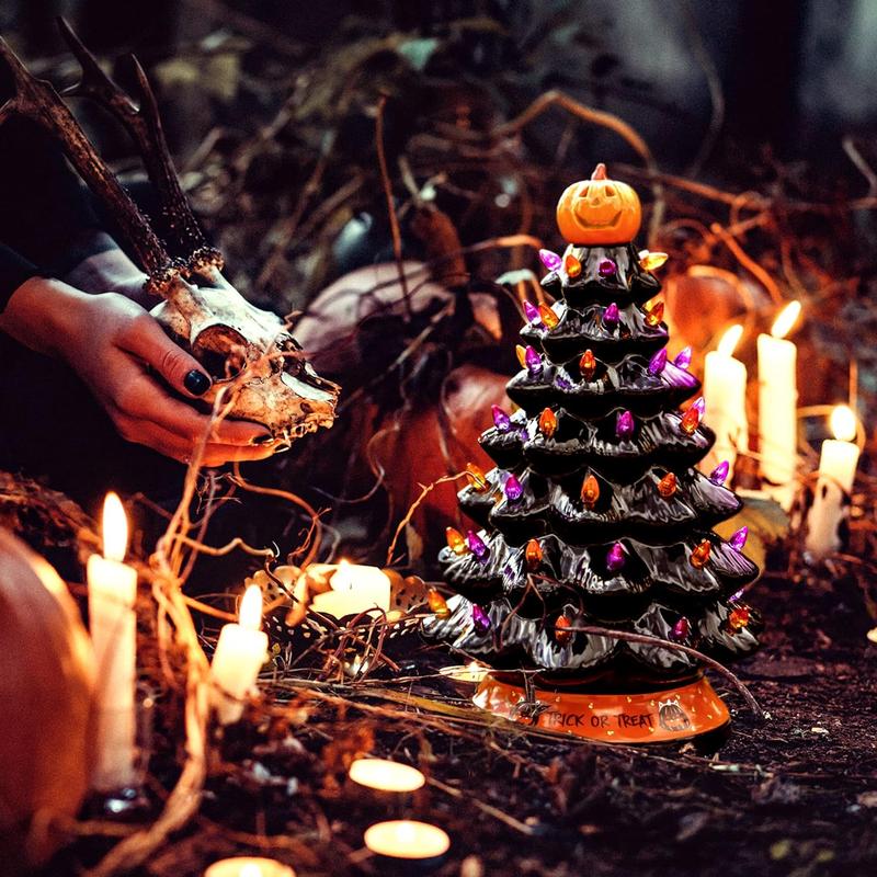 Halloween's LED Ceramic Holiday Tree with Purple & Orange Beads