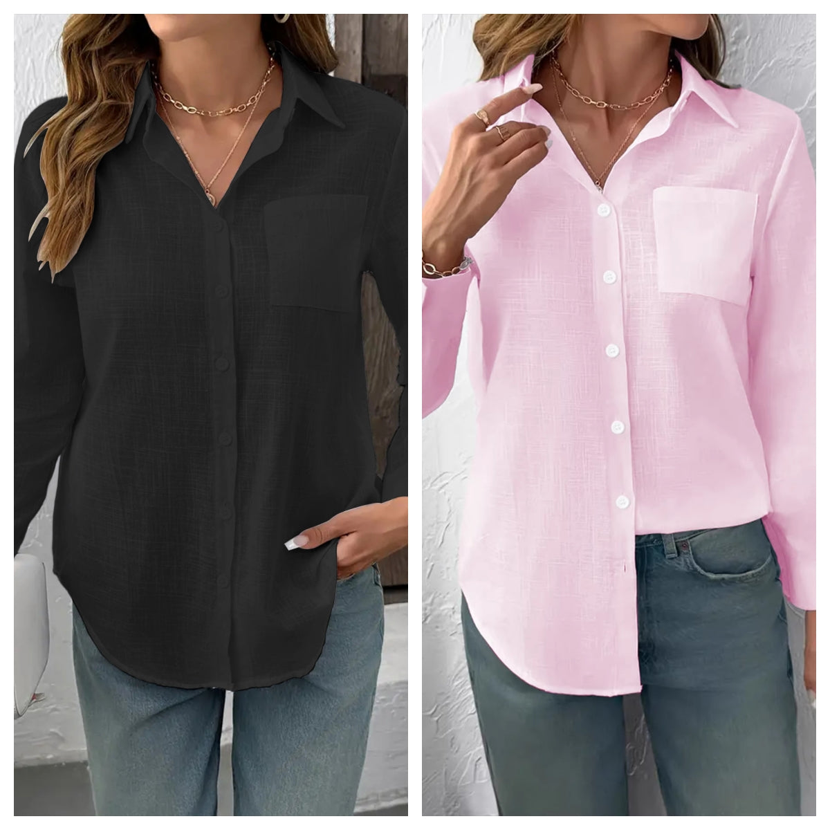 Lapel Collar Loose Fit Women’s Pleated Long Sleeve Blouse – Casual