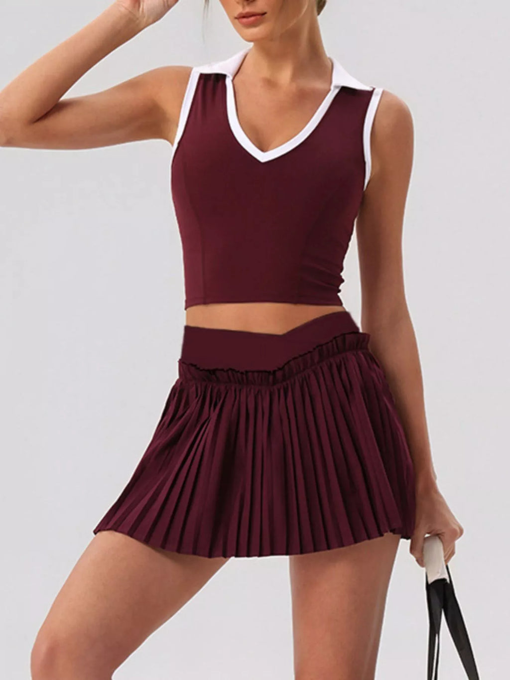 Sleeveless V-Neck Crop Top and Pleated Skirt Active Set