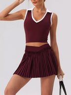 Sleeveless V-Neck Crop Top and Pleated Skirt Active Set
