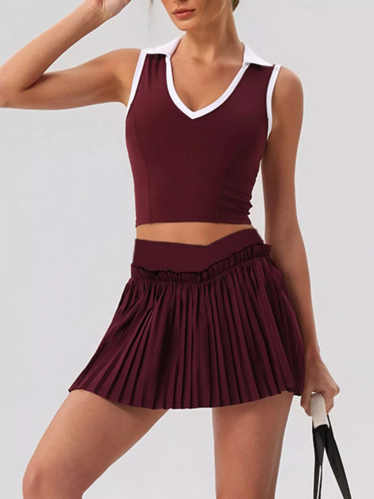 Sleeveless V-Neck Crop Top and Pleated Skirt Active Set
