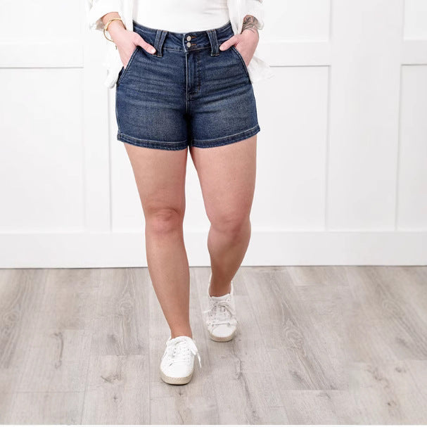 High-Waist Double Buckle Denim Shorts – Women’s Summer Casual