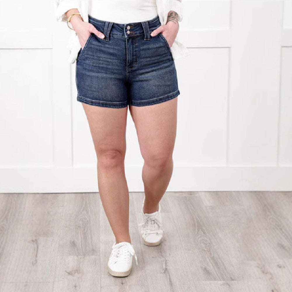 High-Waist Double Buckle Denim Shorts – Women’s Summer Casual