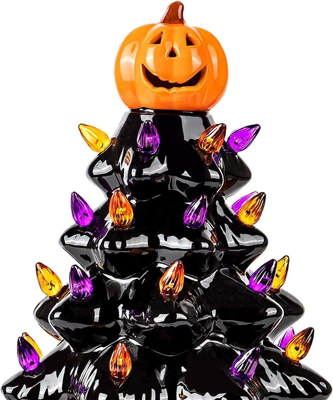 Halloween's LED Ceramic Holiday Tree with Purple & Orange Beads