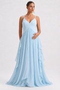 Light Blue Maternity Maxi Dress - Pleated Sleeveless V-Neck Pregnancy Dress