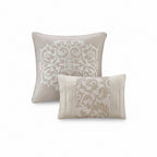 Two decorative pillows with intricate patterns on a white background