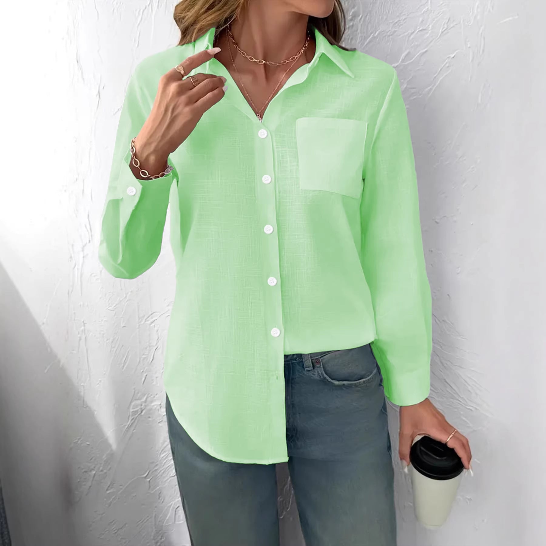 Lapel Collar Loose Fit Women’s Pleated Long Sleeve Blouse – Casual