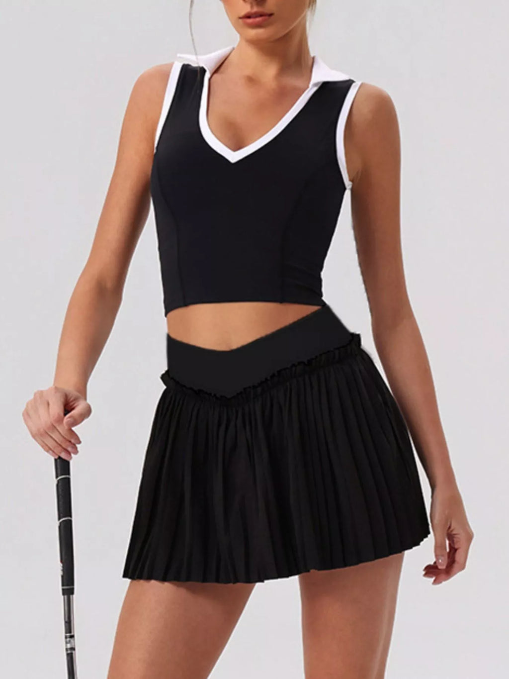 Sleeveless V-Neck Crop Top and Pleated Skirt Active Set