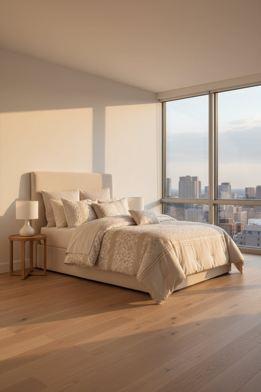 Neatly made bed with decorative pillows in a bedroom setting with two nightstands and lamps.