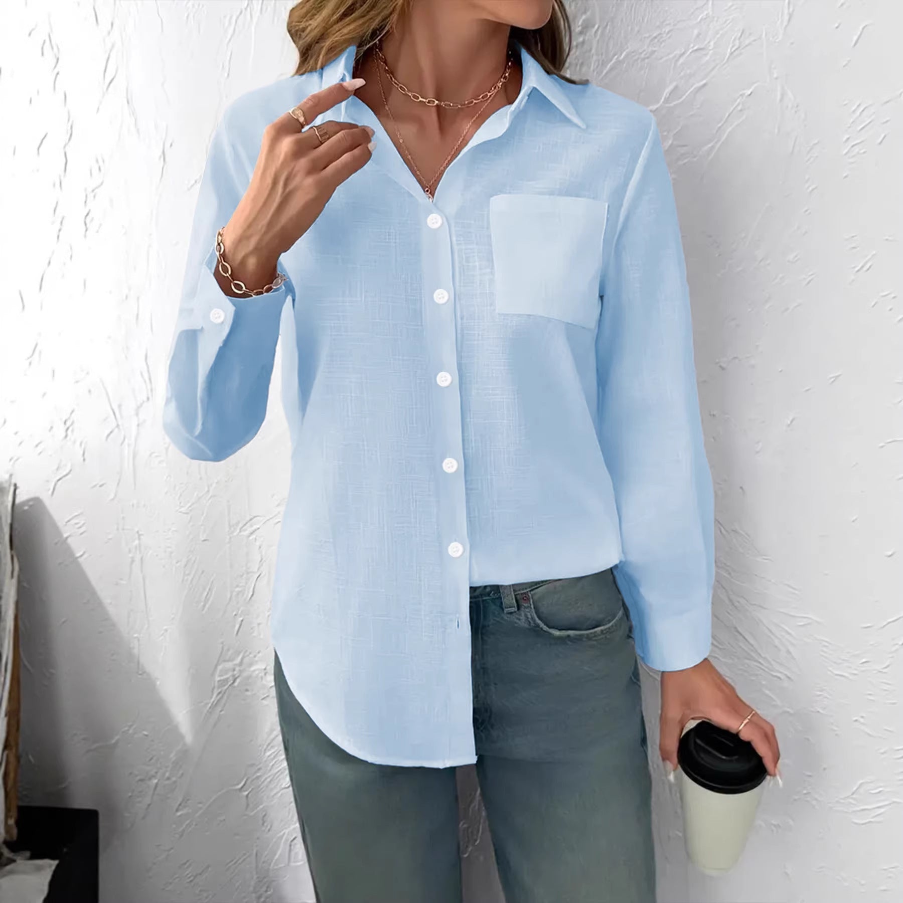 Lapel Collar Loose Fit Women’s Pleated Long Sleeve Blouse – Casual