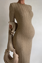 Maternity Knit Dress Long Sleeve Round Neck Ribbed Maxi Pregnancy Dress