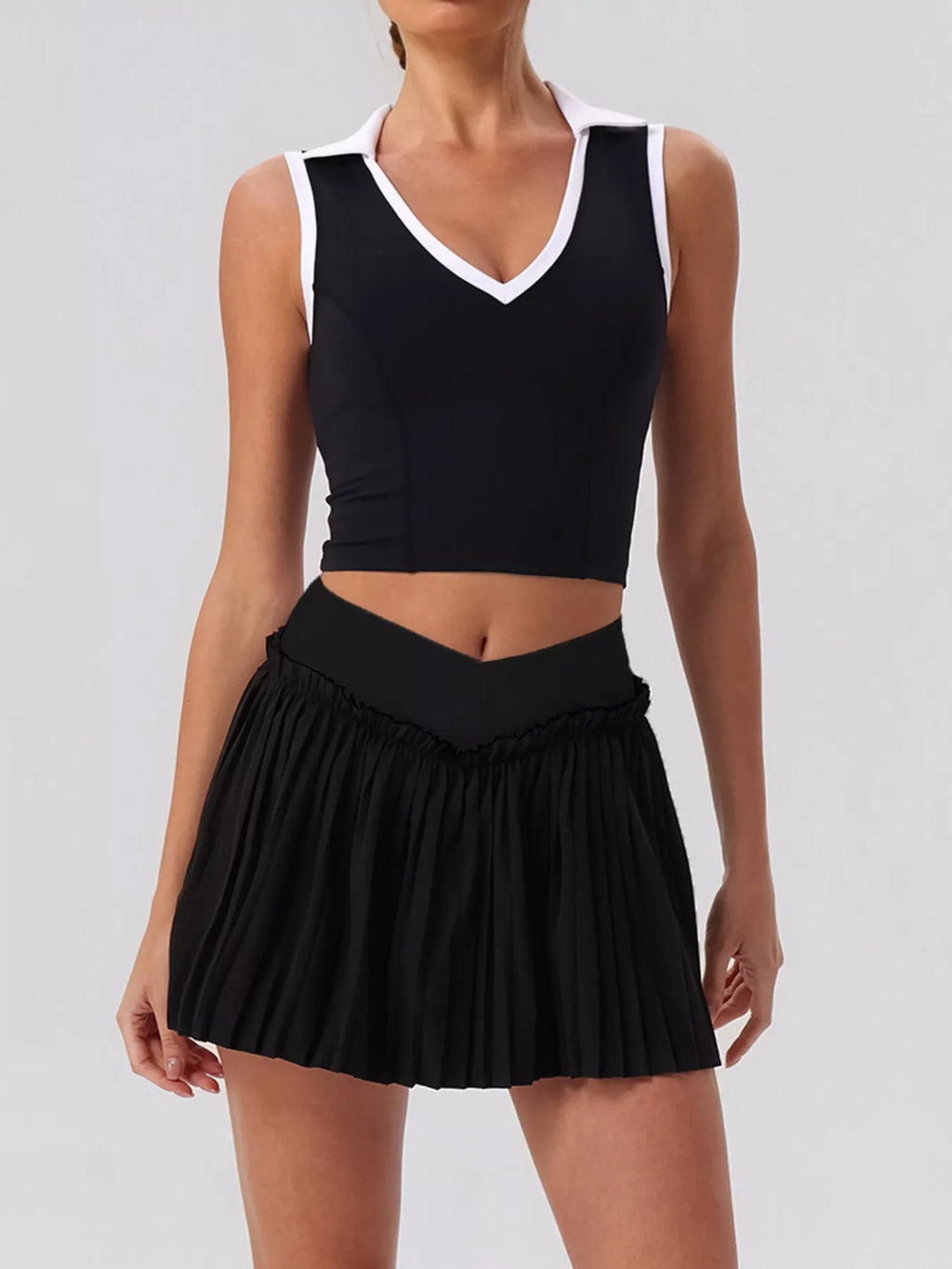 Sleeveless V-Neck Crop Top and Pleated Skirt Active Set