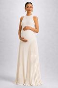 Apricot Maternity Maxi Dress - Sleeveless Pleated Round Neck Pregnancy Dress