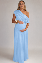Maternity Maxi Dress – One Shoulder Soft Asymmetric Neckline Ruched Pregnancy Dress