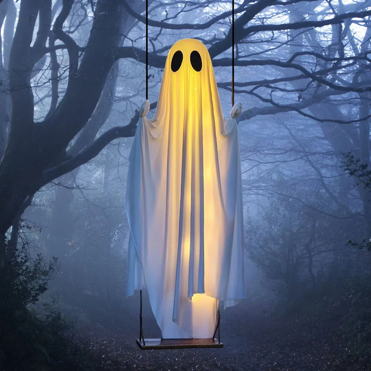 Halloween's Outdoor Ghost Swing with String Lights for Porch Display