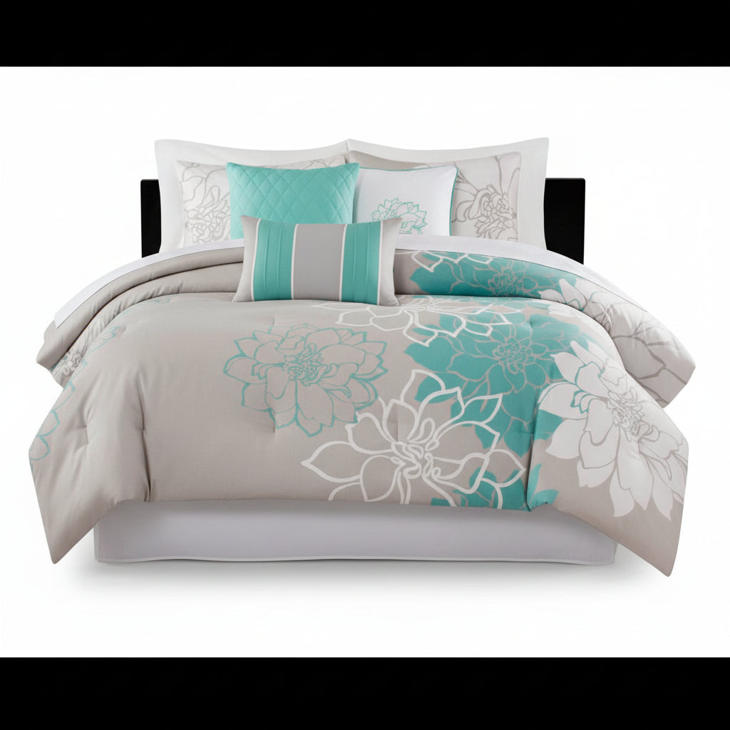 Bedroom with floral comforter and pillows, decorative painting on wall