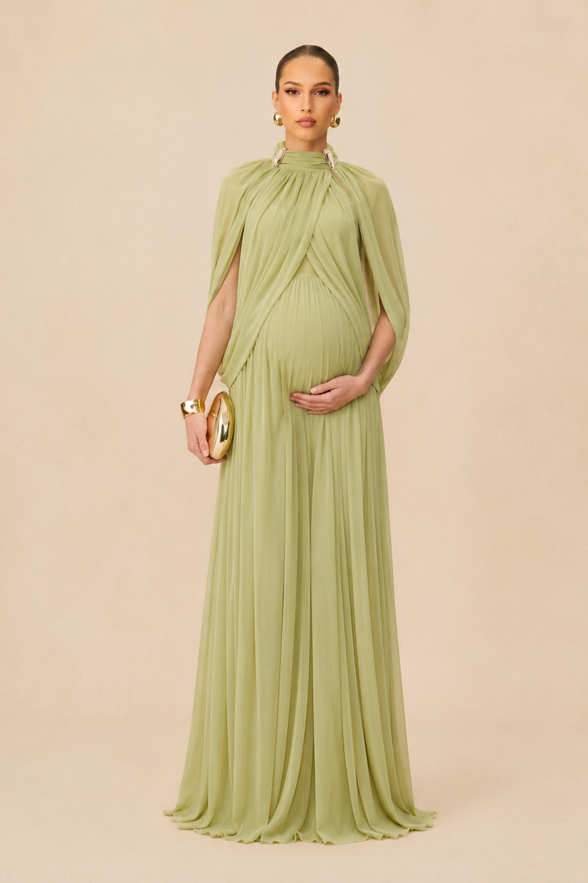 Beige Maternity Maxi Dress – Pleated High Neck Draped Cape Sleeve Knit Pregnancy Dress