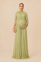 Beige Maternity Maxi Dress – Pleated High Neck Draped Cape Sleeve Knit Pregnancy Dress