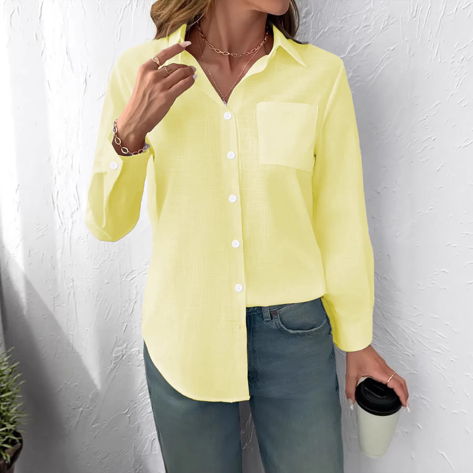 Lapel Collar Loose Fit Women’s Pleated Long Sleeve Blouse – Casual