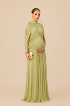 Beige Maternity Maxi Dress – Pleated High Neck Draped Cape Sleeve Knit Pregnancy Dress