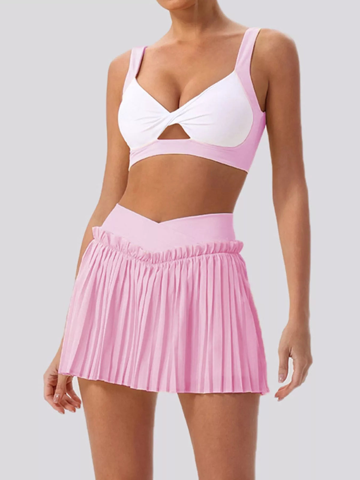Sleeveless V-Neck Crop Top and Pleated Skirt Active Set