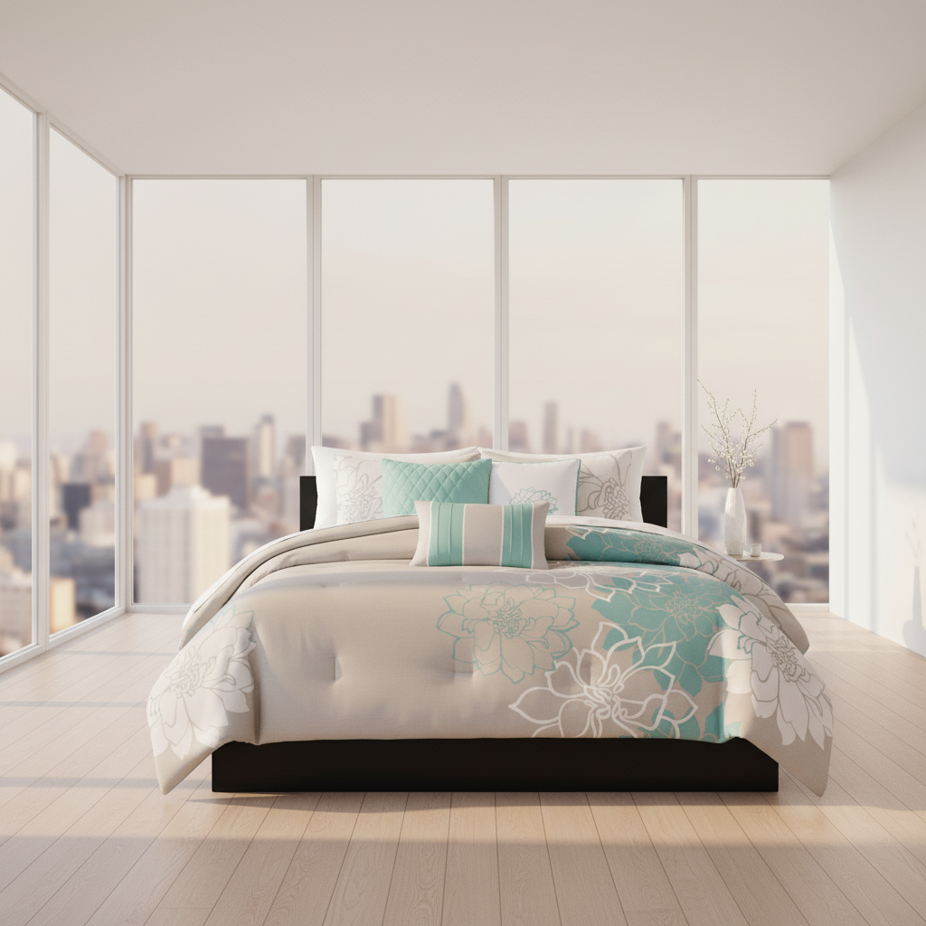 Bedroom with floral comforter and pillows against a wooden wall.