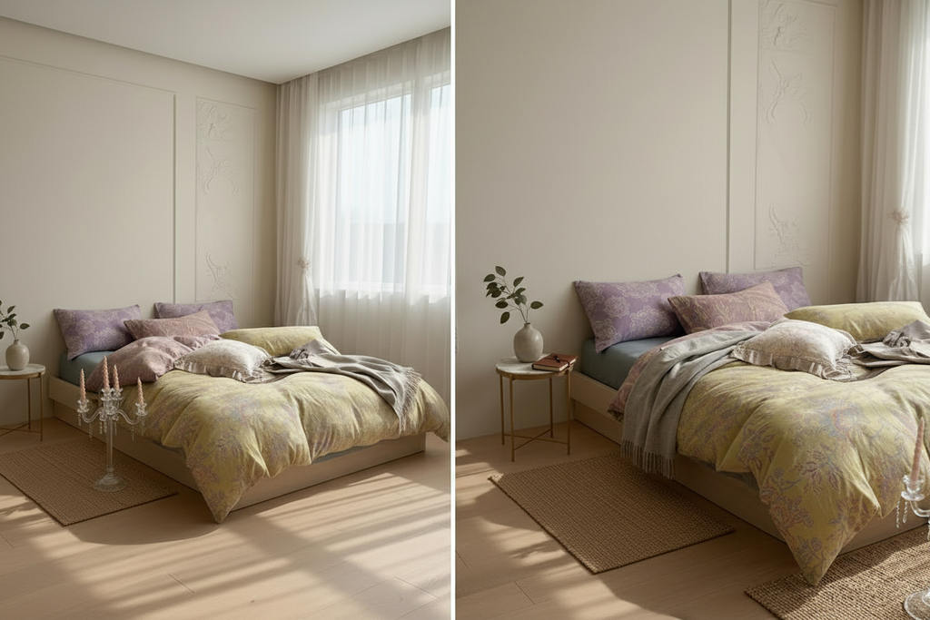 Collage of a bedroom with floral bedding, candles, and a window with sheer curtains.