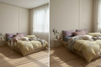 Collage of a bedroom with floral bedding, candles, and a window with sheer curtains.