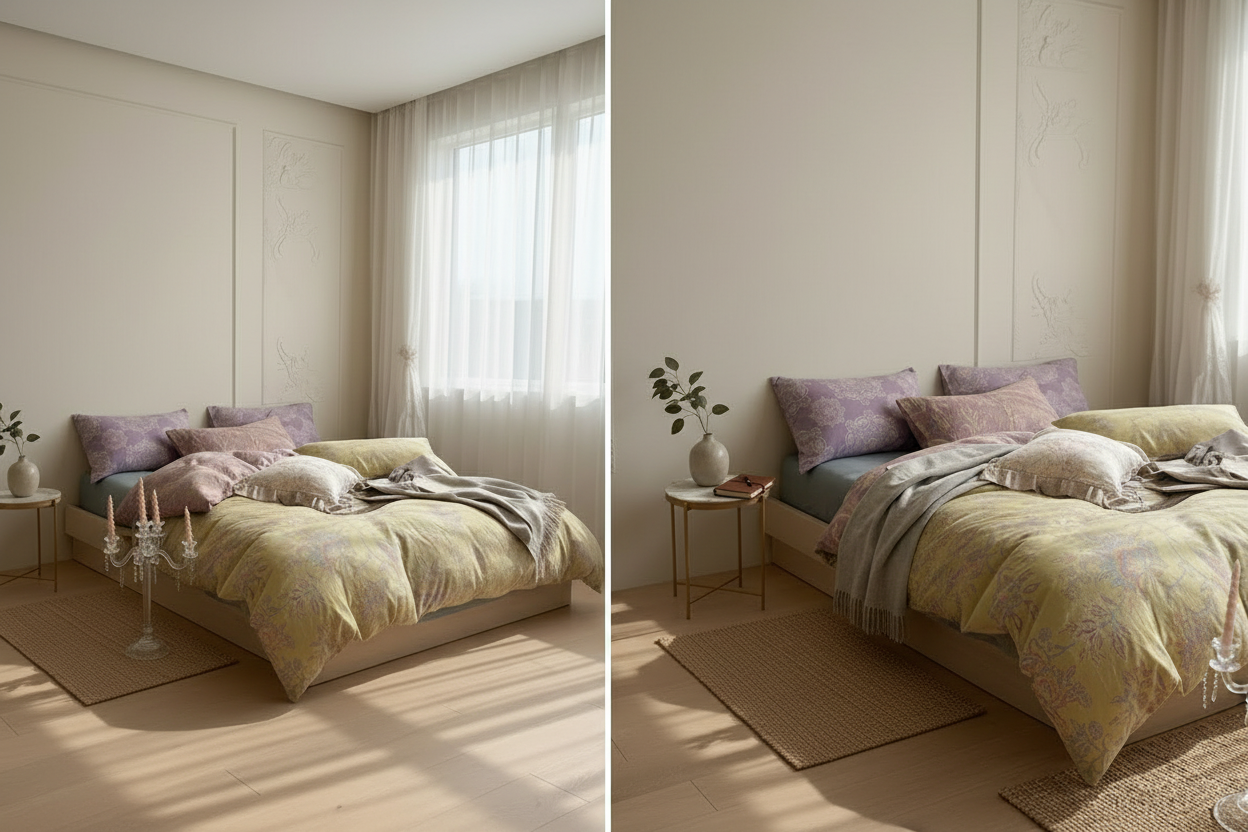 Collage of a bedroom with floral bedding, candles, and a window with sheer curtains.