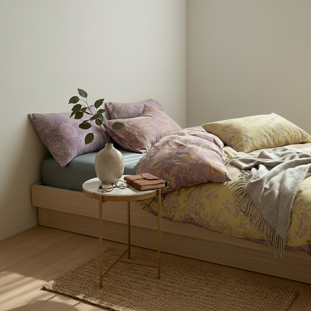 Cozy bedroom with a bed, pillows, and a small table with decor items.