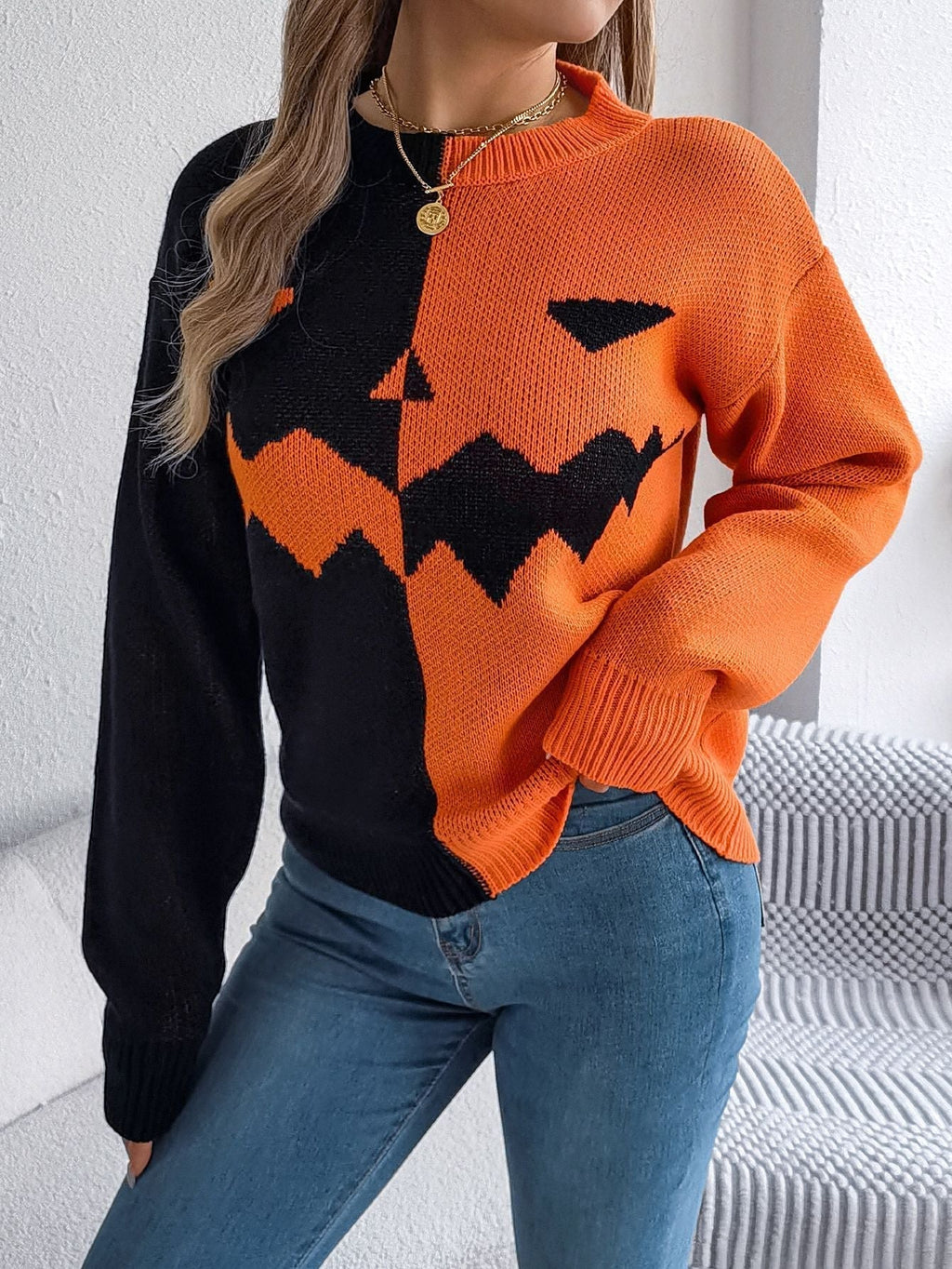 Halloween's Jack O' Lantern Knit Sweater with Ribbed Cuffs, Midi Length