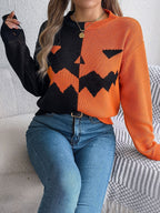 Halloween's Jack O' Lantern Knit Sweater with Ribbed Cuffs, Midi Length