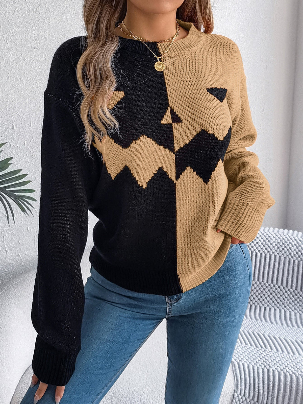 Halloween's Jack O' Lantern Knit Sweater with Ribbed Cuffs, Midi Length