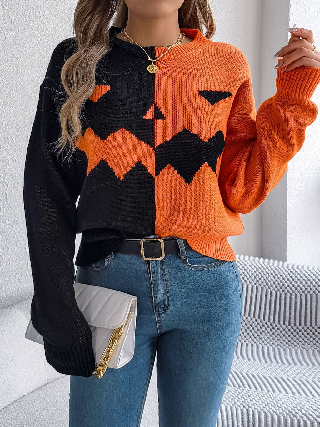 Halloween's Jack O' Lantern Knit Sweater with Ribbed Cuffs, Midi Length