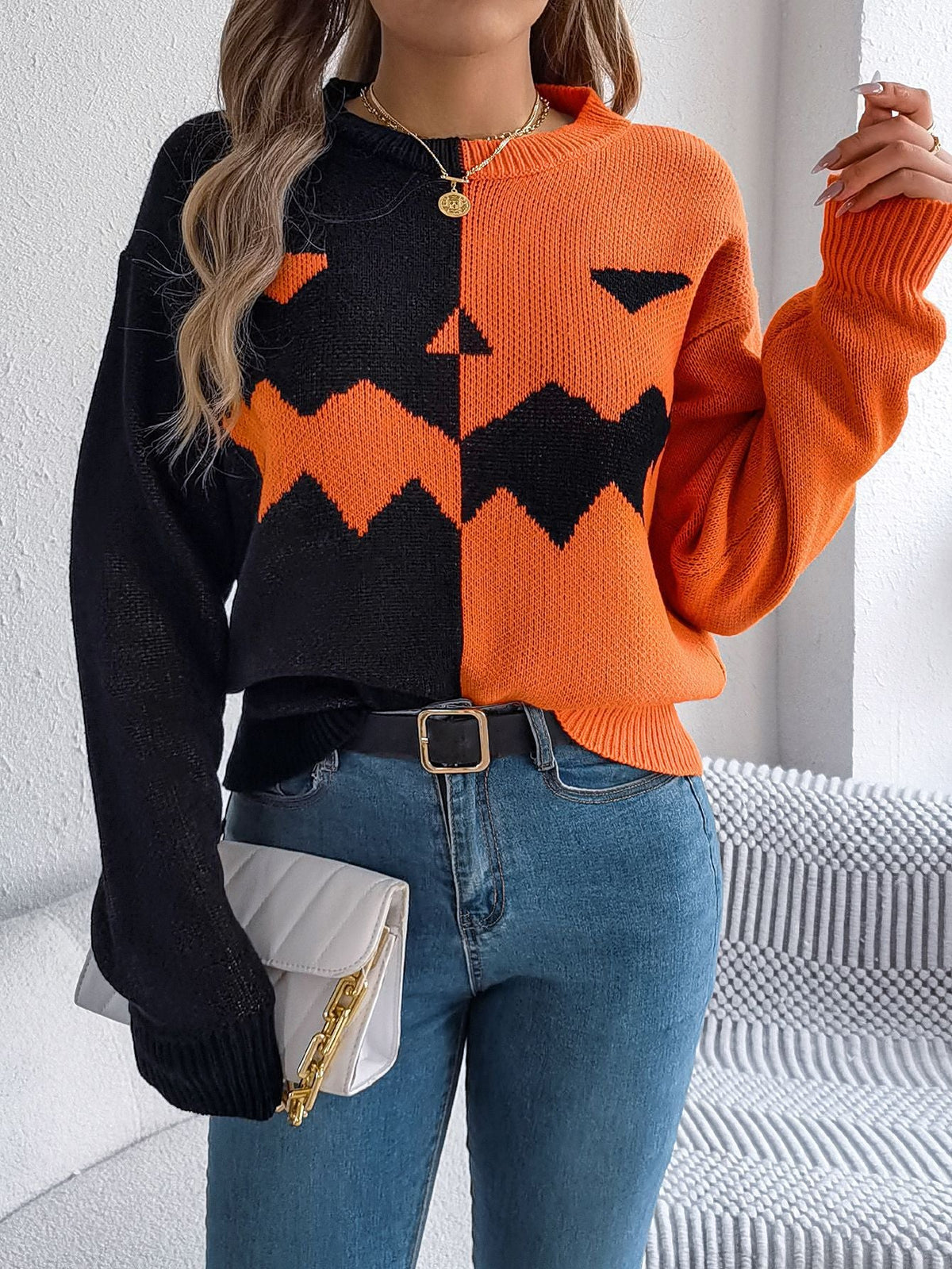 Halloween's Jack O' Lantern Knit Sweater with Ribbed Cuffs, Midi Length