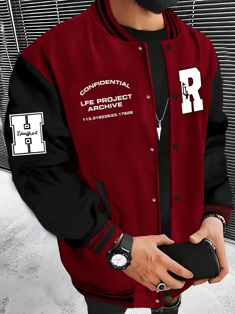 Men’s Street Style Baseball Jacket – R Letter Splicing Casual Coat