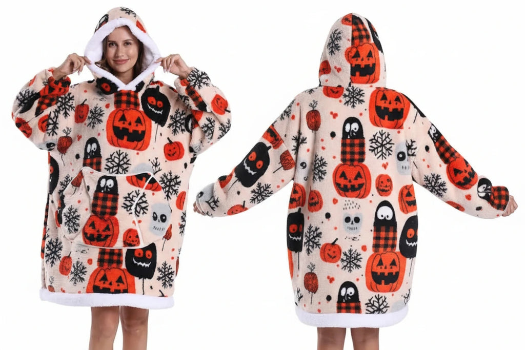 Halloween-themed hoodie with pumpkins, ghosts, and ghosts on a white background