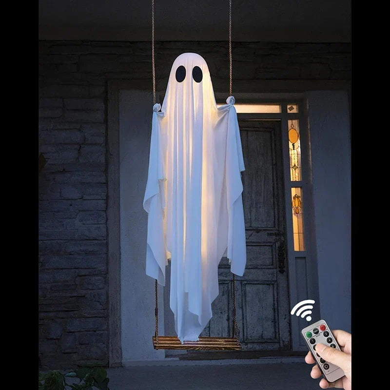 Halloween's Outdoor Ghost Swing with String Lights for Porch Display