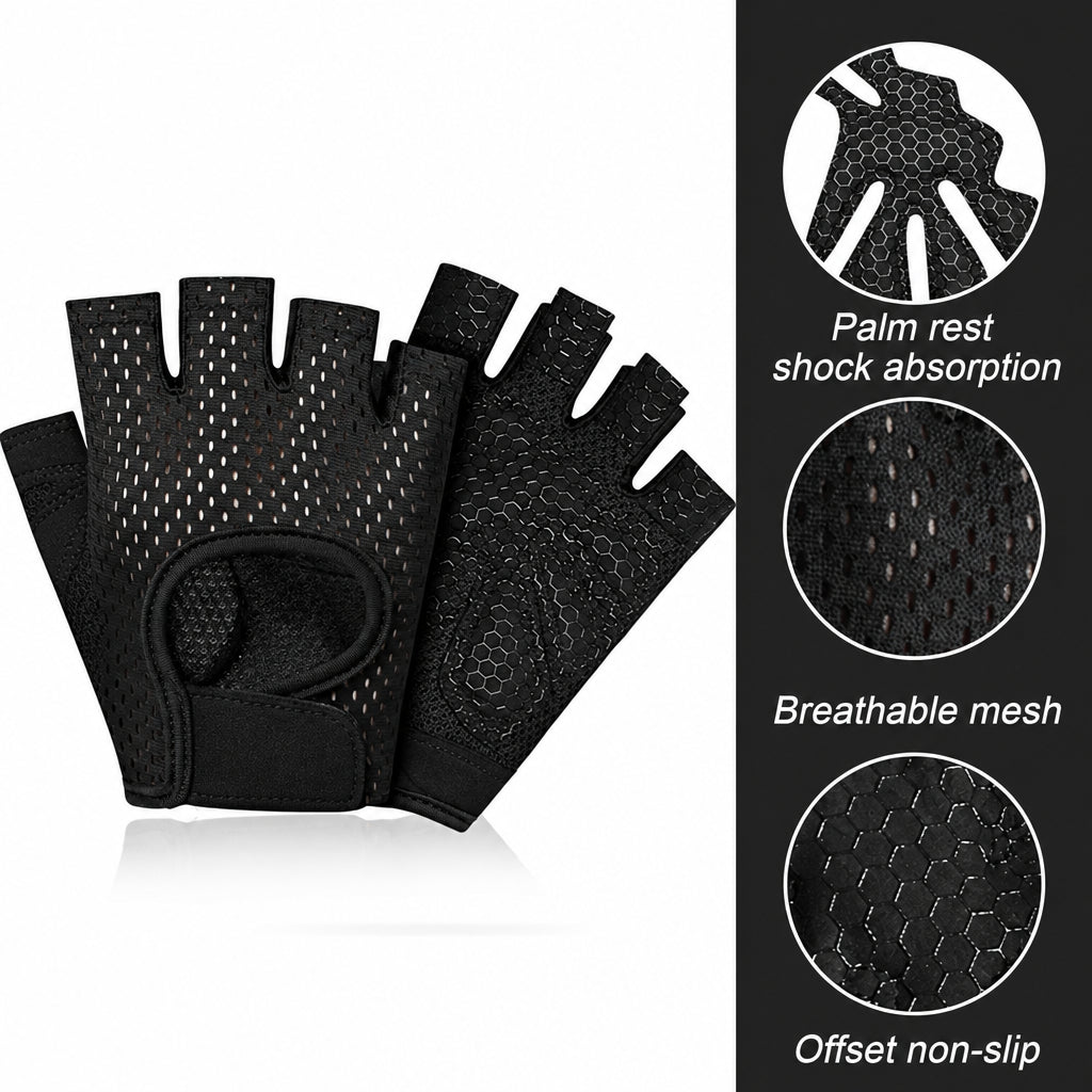 Black fingerless gym gloves with textured grip panels and a built-in palm rest, shown on a white background with feature callouts and a dark panel highlighting breathable mesh, palm rest shock absorption, and offset non-slip design. Brand name REXCHI is visible on the glove.
