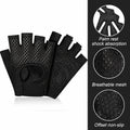 Black fingerless gym gloves with textured grip panels and a built-in palm rest, shown on a white background with feature callouts and a dark panel highlighting breathable mesh, palm rest shock absorption, and offset non-slip design. Brand name REXCHI is visible on the glove.