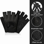 Black fingerless gym gloves with textured grip panels and a built-in palm rest, shown on a white background with feature callouts and a dark panel highlighting breathable mesh, palm rest shock absorption, and offset non-slip design. Brand name REXCHI is visible on the glove.