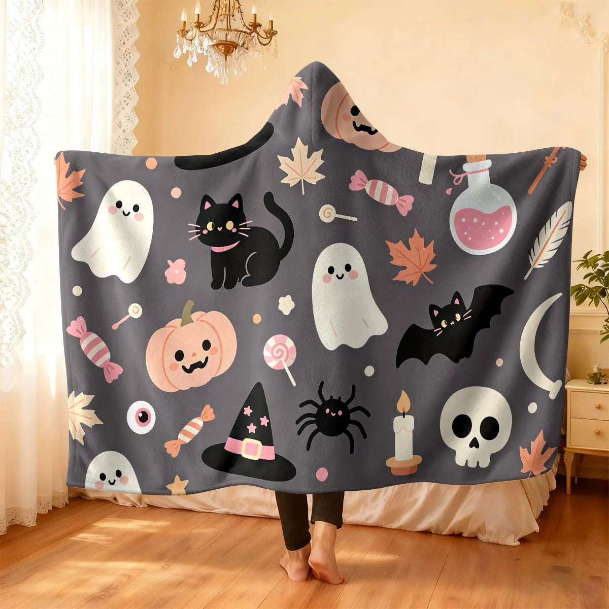 Halloween Kitten Hooded Wearable Flannel Cloak Blanket