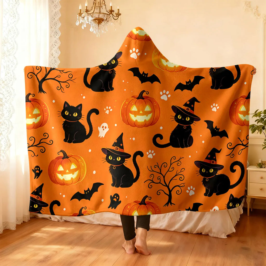 Halloween Kitten Hooded Wearable Flannel Cloak Blanket