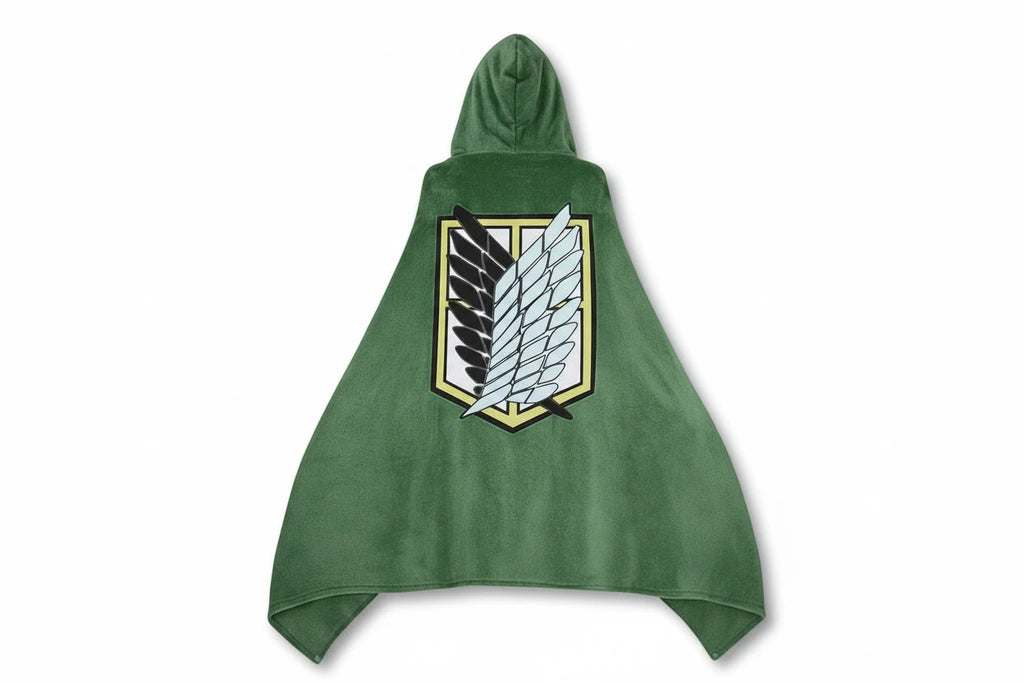 Green hooded cloak with emblem next to an anime character