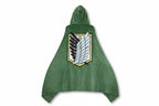 Green hooded cloak with emblem next to an anime character
