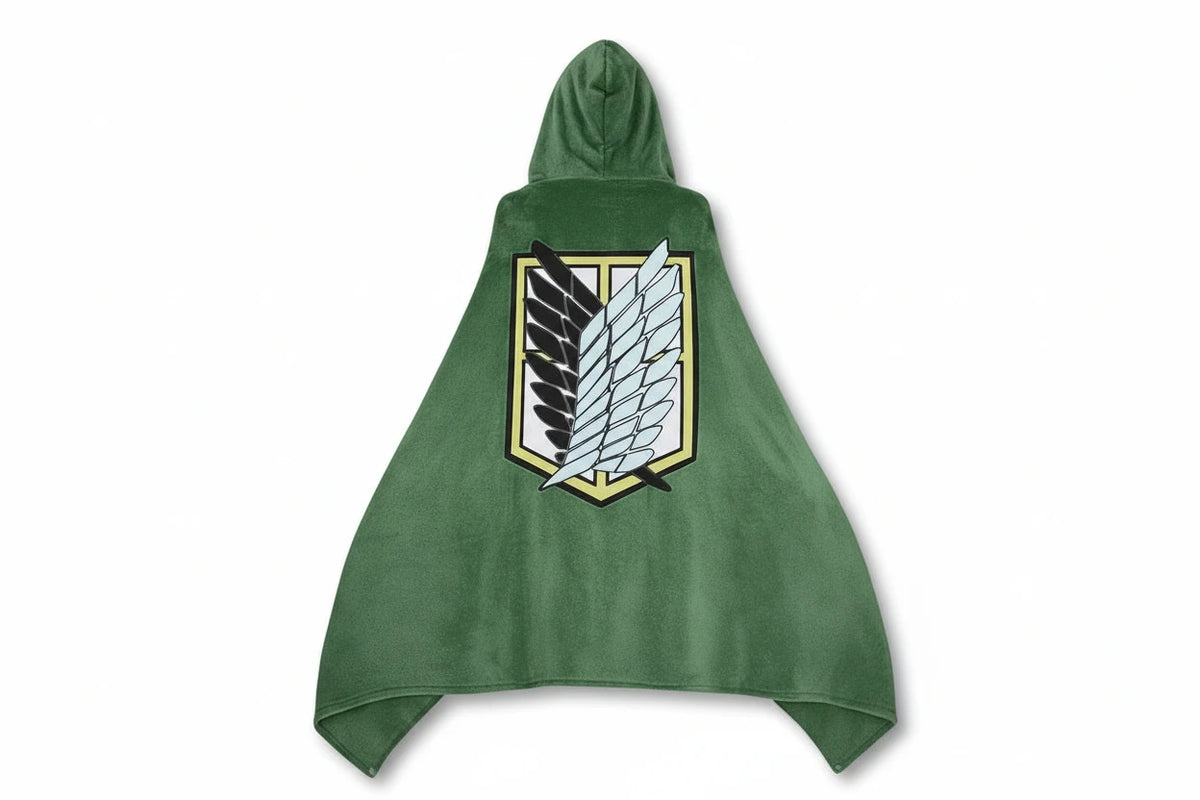 Green hooded cloak with emblem next to an anime character