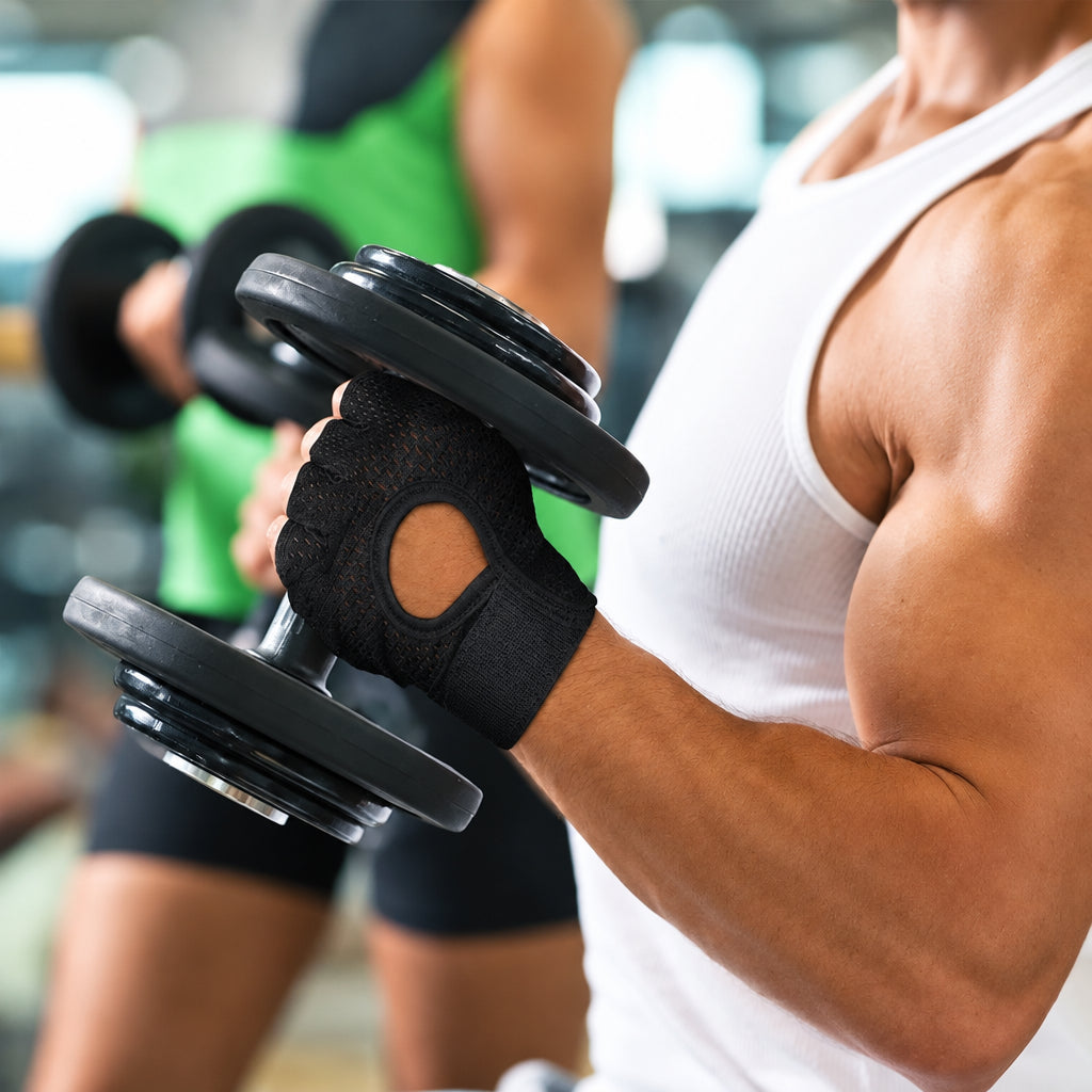 A close-up of a person lifting a dumbbell in a gym while wearing a black mesh FENOM grip sleeve. Another person is blurred in the background.