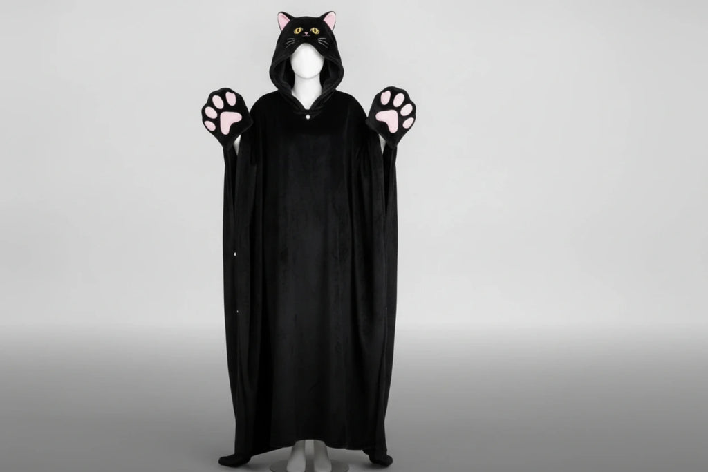 A black cat-themed hooded blanket/cape wear garment displayed on a white mannequin against a light gray studio background. The hood has pink inner ears and yellow eyes, and the glove-like hands have pink paw pads.
